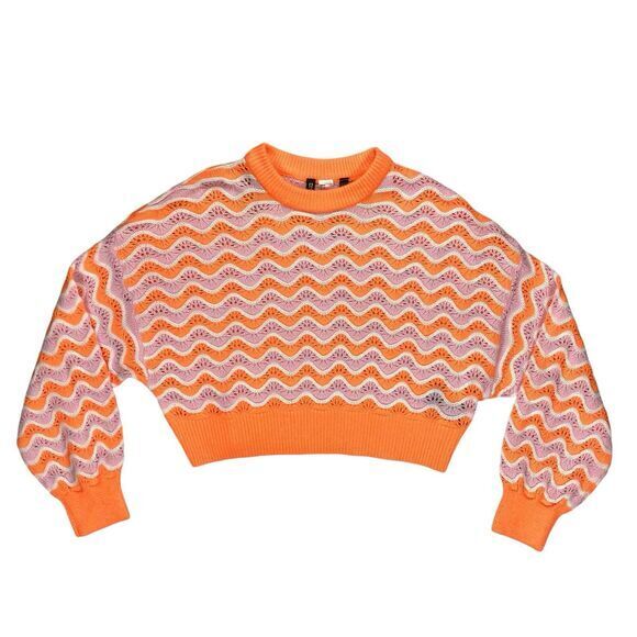 Divided H&M Crop Sweater Women S Orange Pink Chunky Knit Balloon Sleeve Oversize - Picture 2 of 16